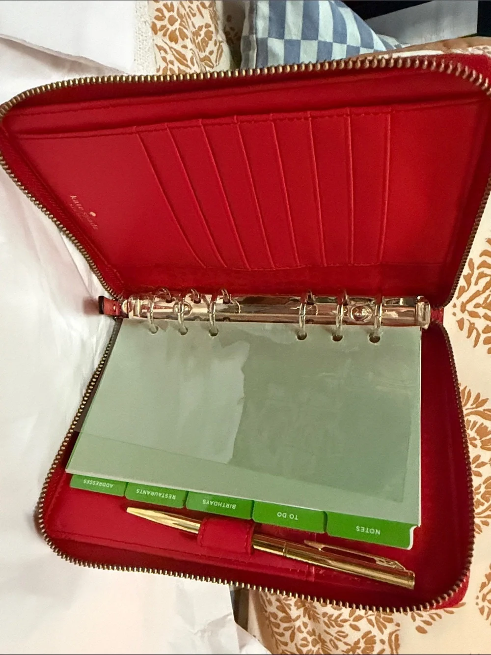 kate spade Red Pebbled Leather Zip Wesley planner Gold 6 ring agenda zippered